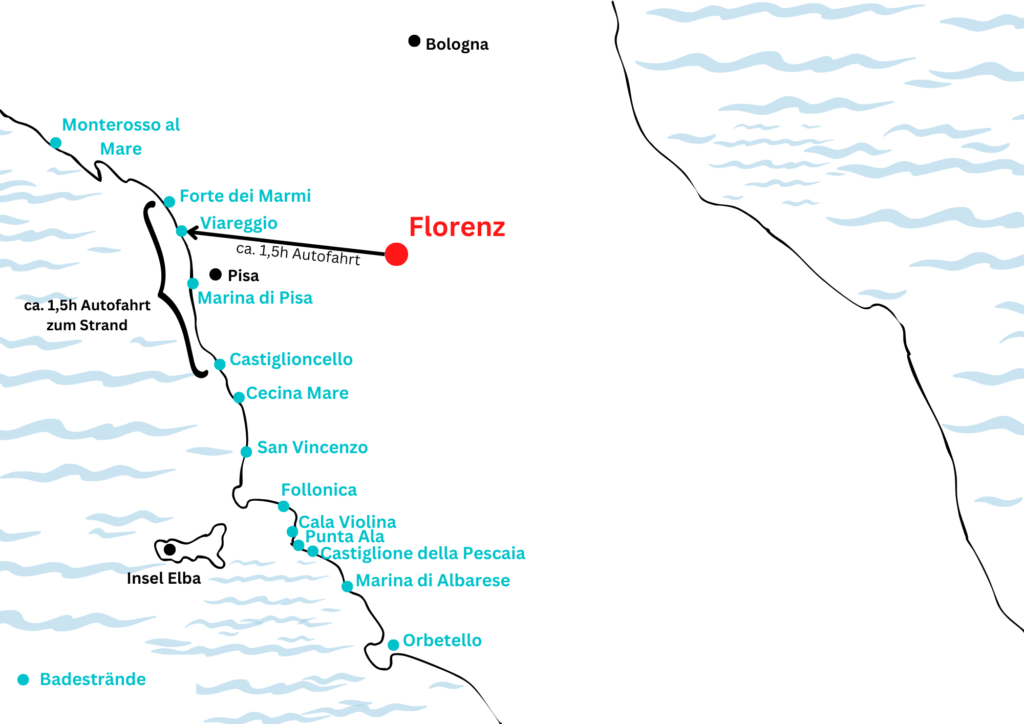 Karte Strände Toskana und Entfernung Florenz Strand